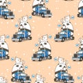 Seamless cute panda and cat on the truck in vacation time pattern