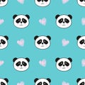 Seamless cute panda pattern on blue.