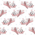 Seamless cute pandas and cats and on the plane pattern