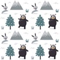 Seamless cute pattern bear hare rabbit tree mountains Royalty Free Stock Photo