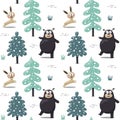 Seamless cute pattern bear hare rabbit tree mountains Royalty Free Stock Photo