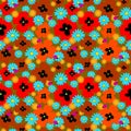 Seamless cute pattern with bright flowers and ladybirds Royalty Free Stock Photo