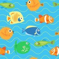 Seamless cute pattern with different tropical fish Royalty Free Stock Photo