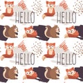 Seamless cute pattern fox squirrel acorn hello, postcard