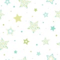 Seamless cute pattern with green and blue stars made of dots and circles on white background Royalty Free Stock Photo