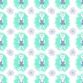 Seamless cute pattern for kids. Fluffy white cats in blue overalls