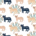 Seamless cute pattern with leopard and palm leafs. Modern wrapping paper summer design.