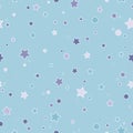 Seamless cute pattern with little rounded stars and circles of different colors with outline. Powder blue Royalty Free Stock Photo