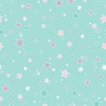 Seamless cute pattern with little rounded stars and circles of different colors with outline. Powder blue Royalty Free Stock Photo