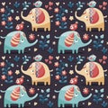 Seamless cute pattern made with elephants, birds, plants, jungle, flowers, hearts, berry