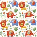 Seamless cute pattern made with elephants, lion,giraffe, birds, plants, jungle, flowers, hearts, leafs, stone, berry