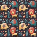 Seamless cute pattern made with elephants, lion,giraffe, birds, plants, jungle, flowers, hearts, leafs, stone