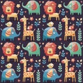 Seamless cute pattern made with elephants, lion,giraffe, birds, plants, jungle, flowers, hearts, leafs, stone, berry for