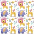 Seamless cute pattern made with elephants, lion,giraffe, birds, plants, jungle, flowers, hearts, leafs, stone, berry for