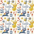 Seamless cute pattern made with fox, rabbit, hare, flowers, animals, plants, hearts, hello for kid