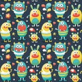 Seamless cute pattern made with monsters, bubbles, flower, heart Royalty Free Stock Photo