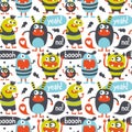 Seamless cute pattern made with monsters, bubbles and words Royalty Free Stock Photo