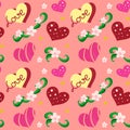 Seamless cute pattern of painted different hearts with flowers and love lettering.