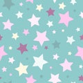 Seamless cute pattern with pink, yellow and green stars on pastel blue background Royalty Free Stock Photo