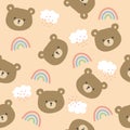 Seamless cute pattern with teddy bear and rainbow. Seamless pattern with a bear face and clouds. Royalty Free Stock Photo