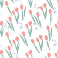 Seamless cute pattern with tulips and forget-me-nots flowers, flat vector on white. Royalty Free Stock Photo