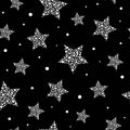 Seamless cute pattern with white stars made of dots and circles on black background. Vector illustration.