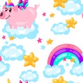 Seamless cute pig unicorn pattern. Baby print. cartoon hand drawn caracter