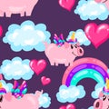 Seamless cute pig unicorn pattern with rainbow and hearts on dark sky. Baby print. cartoon hand drawn caracter