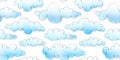 Seamless cute puffy blue clouds hand drawn watercolor and crayon children\'s drawing background