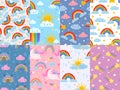 Seamless cute rainbow pattern. Sky with rainbows and clouds, magic unicorn and stars. Happy smiling cloud cartoon vector Royalty Free Stock Photo