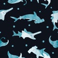 Seamless cute sea animals pattern. Vector watercolor background with shark, skate, sawfish