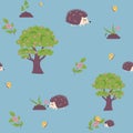 Seamless cute spring floral pattern. hedgehogs flowers, plants, tree, leaves, nature , leaves. Creative background. kids