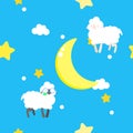 Seamless cute, sweet, colorful, pastel animal wildlife with sheep, star, moon, cloud in the sky repeat pattern in blue background