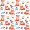 Seamless cute vector animal and floral patern with foxes, flowers, plants, berries