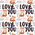 Seamless cute vector animal pattern with foxes, love, graphic elements