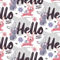 Seamless cute vector animal pattern with hares with wings, graphic elements, flowers