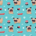 Seamless cute dog pattern with pugs, pet, puppy, woof, dog food, chicken leg, meat, sausages, paw