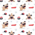 Seamless cute dog pattern with pugs, pet, puppy, woof, dog food, chicken leg, meat, sausages, paw