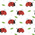 Seamless cute vector floral spring pattern with insects, ladybug, leaves, plants