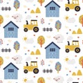 Seamless cute vector pattern with farm, car, tree, plant, house, truck, tractor, bag, fence, hillock, hill, shed