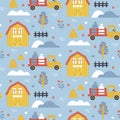 Seamless cute vector pattern with farm, car, tree, plant, house, truck, tractor, bag, fence, hillock, hill, shed