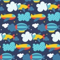 Seamless cute vector transport pattern with airship, airplane, clouds