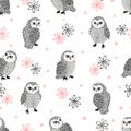 Seamless cute watercolor owls pattern.