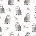 Seamless cute watercolor owls pattern.