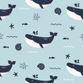 Seamless cute whale and sea animals in vector doodle style