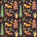 Seamless cute winter christmas pattern fox, rabbit, mushroom, moose, plants, snow, tree