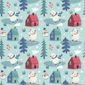 Seamless cute winter pattern with bears skate, houses, snowman, trees, forest, new year, smoke from ruby, hearts, wild