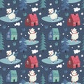 Seamless cute winter pattern with bears skate, houses, snowman, trees, forest, new year, smoke from ruby, hearts, wild Royalty Free Stock Photo