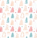 Seamless cute winter pattern. Decorative gentle background with spruces, fir-trees.