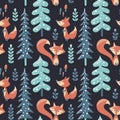 Seamless cute winter pattern made with foxes, trees, plants, mushrooms